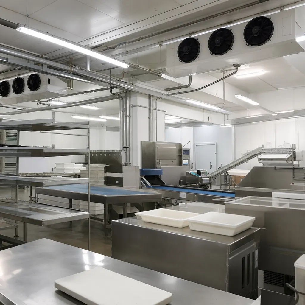 Evaporadores industriales en una sala de procesado alimentario