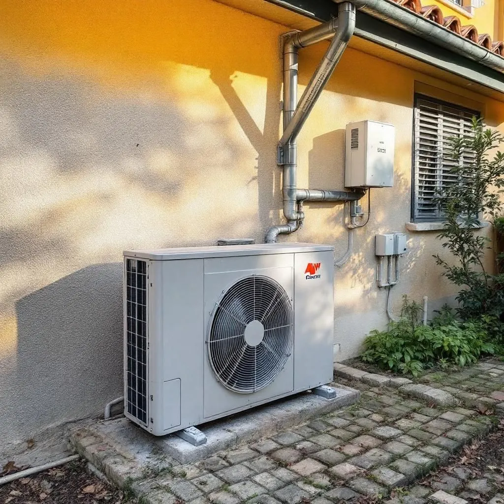Equipo exterior de aire acondicionado en Martos, en un patio