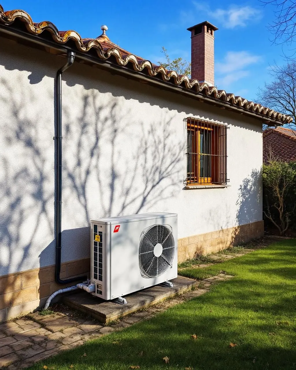 Equipo exterior de aire acondicionado en Solsona, en un patio