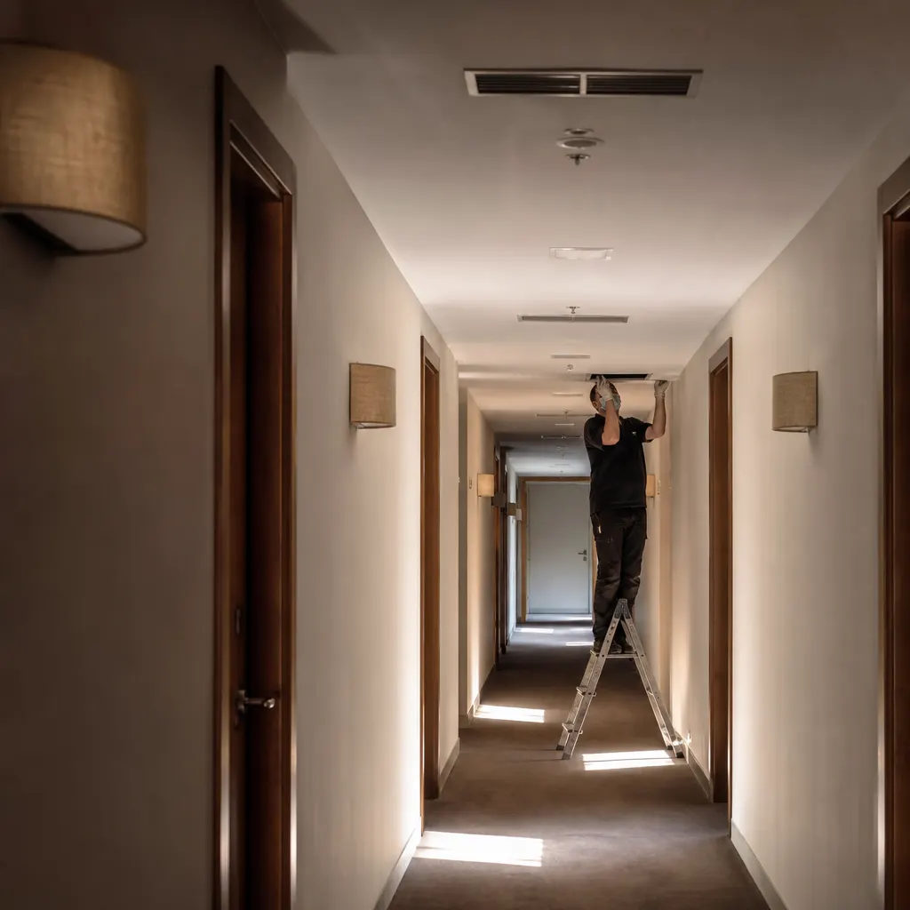 Revision de las rejillas de climatizacion en un pasillo de hotel