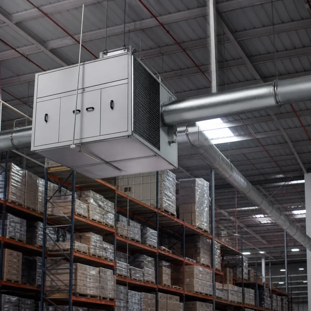 Climatizacion industrial colgada en una nave logistica