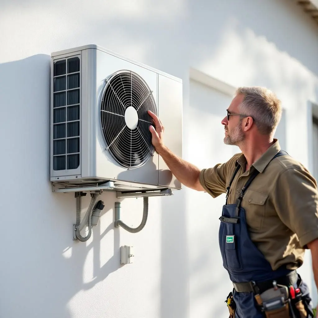 Técnico de aire acondicionado en Aljaraque, durante un mantenimiento