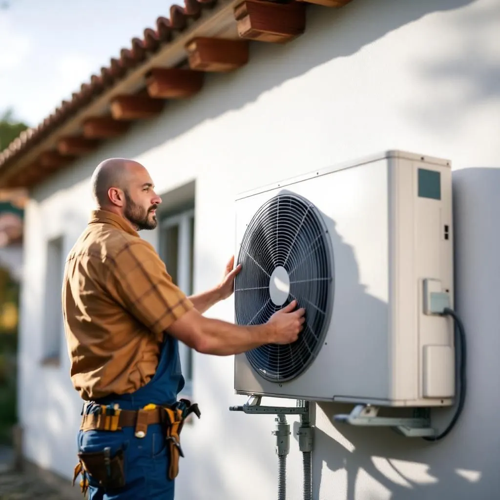 Técnico de aire acondicionado en Errenteria, durante un mantenimiento