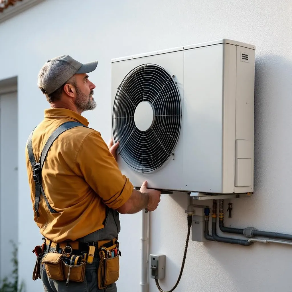 Técnico de aire acondicionado en Jaca, durante un mantenimiento