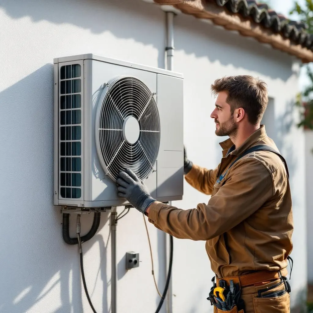 Técnico de aire acondicionado en Miranda de Ebro, durante un mantenimiento