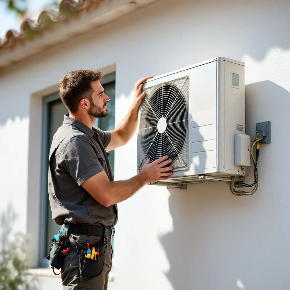 Técnico de aire acondicionado multimarca, durante una intervención
