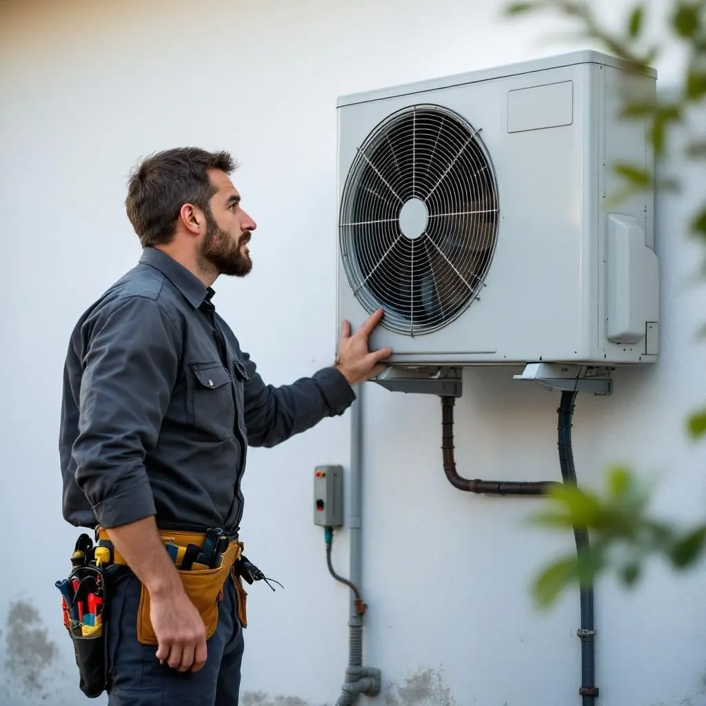 Técnico de aire acondicionado en Villamayor, durante un mantenimiento