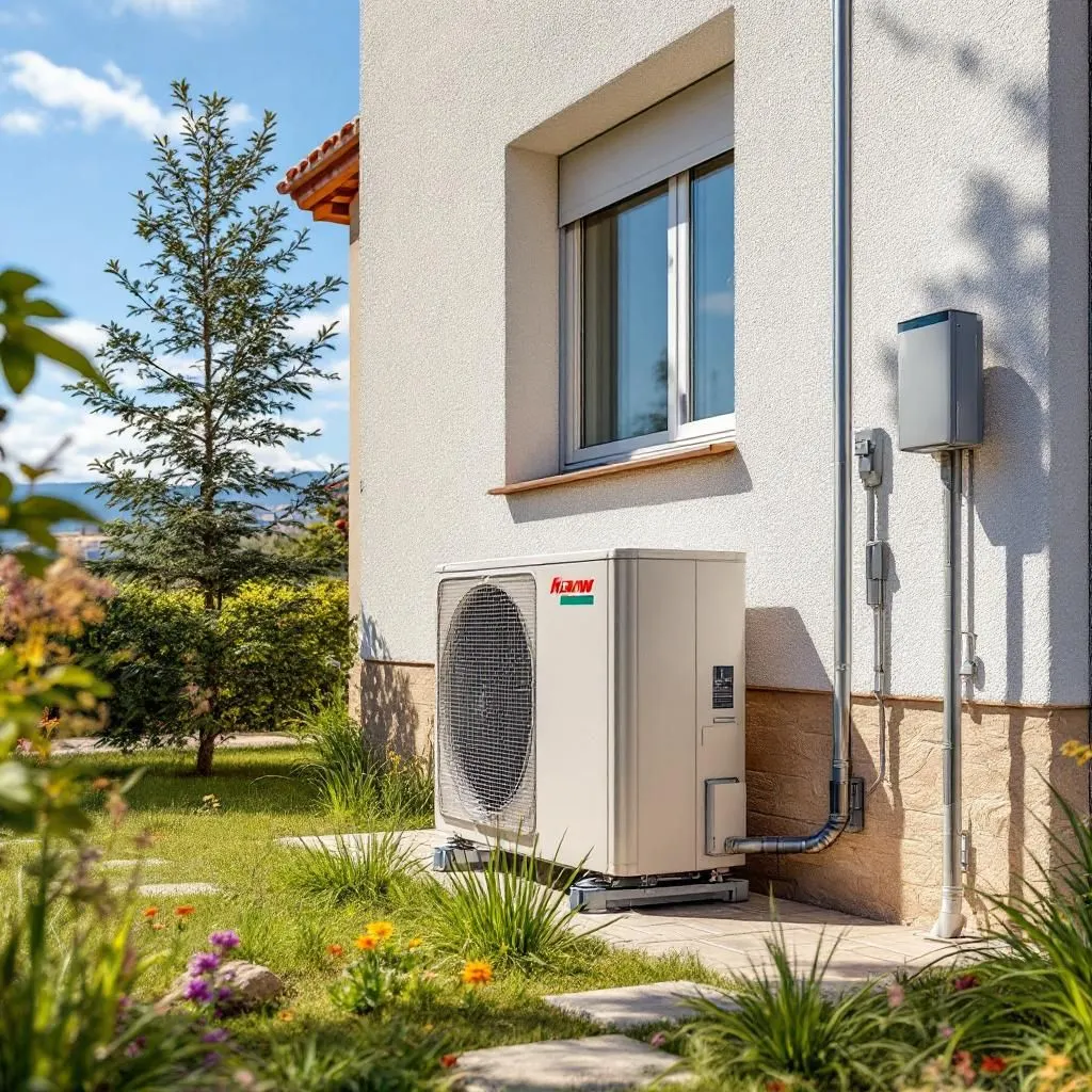 Unidad exterior de aire acondicionado en La Seu d’Urgell, en un jardín