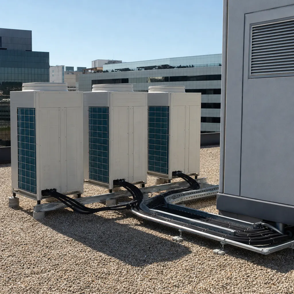 Unidades exteriores VRF alineadas en la cubierta de un edificio